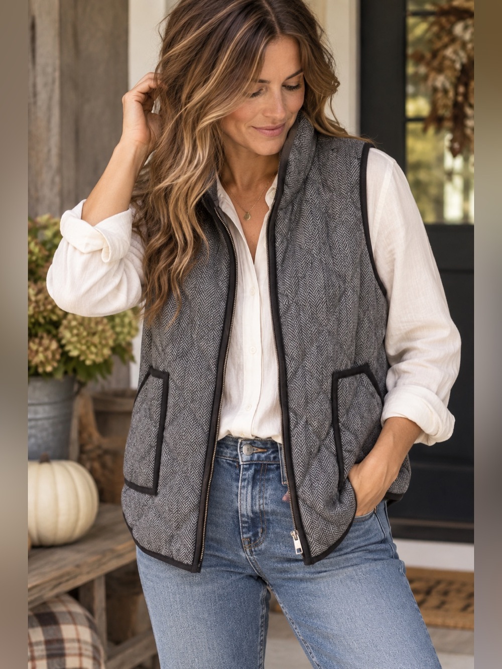 Market & Spruce Quilted Herringbone Vest Gray Black M